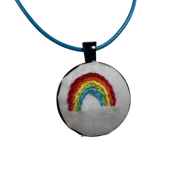 Handmade Rainbow Embroidery Necklace in 1” Round Bezel - Picture 2 of 4